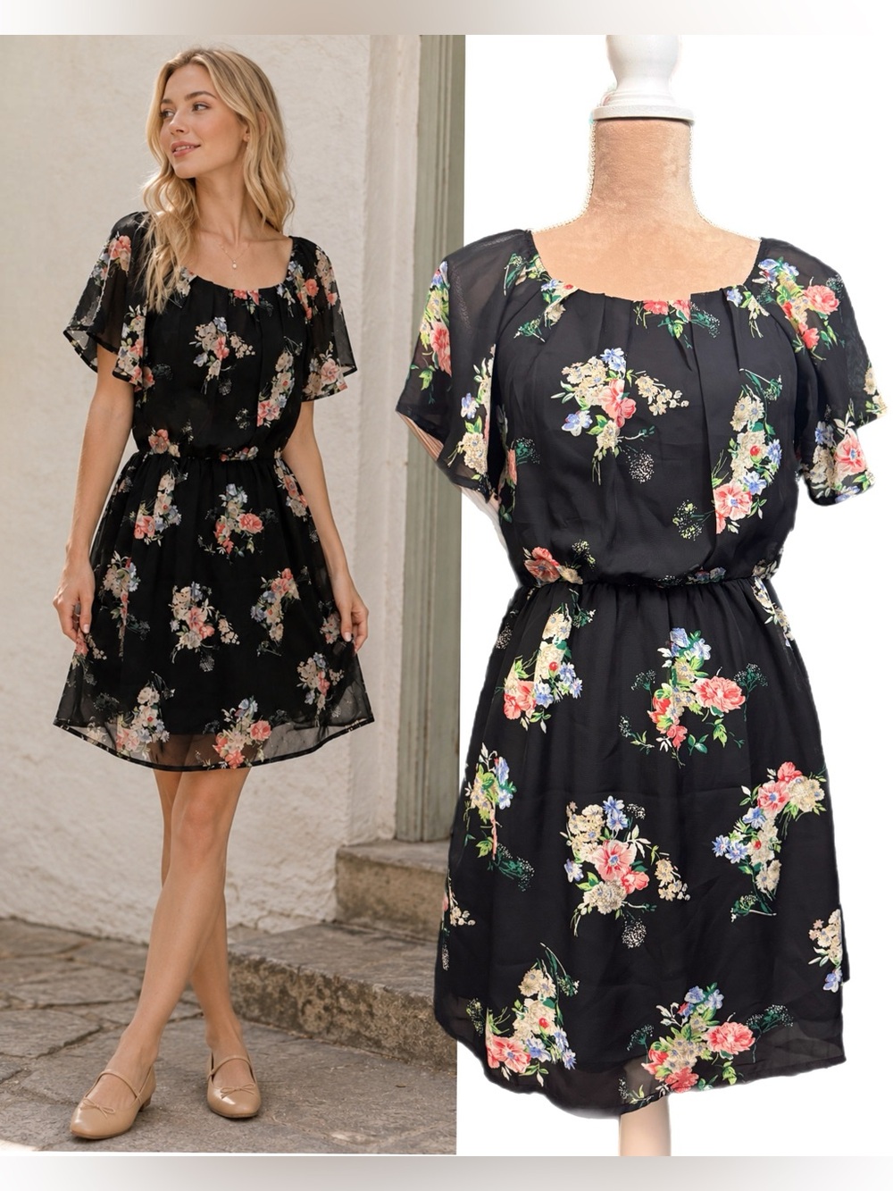 Forever 21 Black Floral Chiffon Flutter Sleeve Dress Size Small Boho Cottagecore